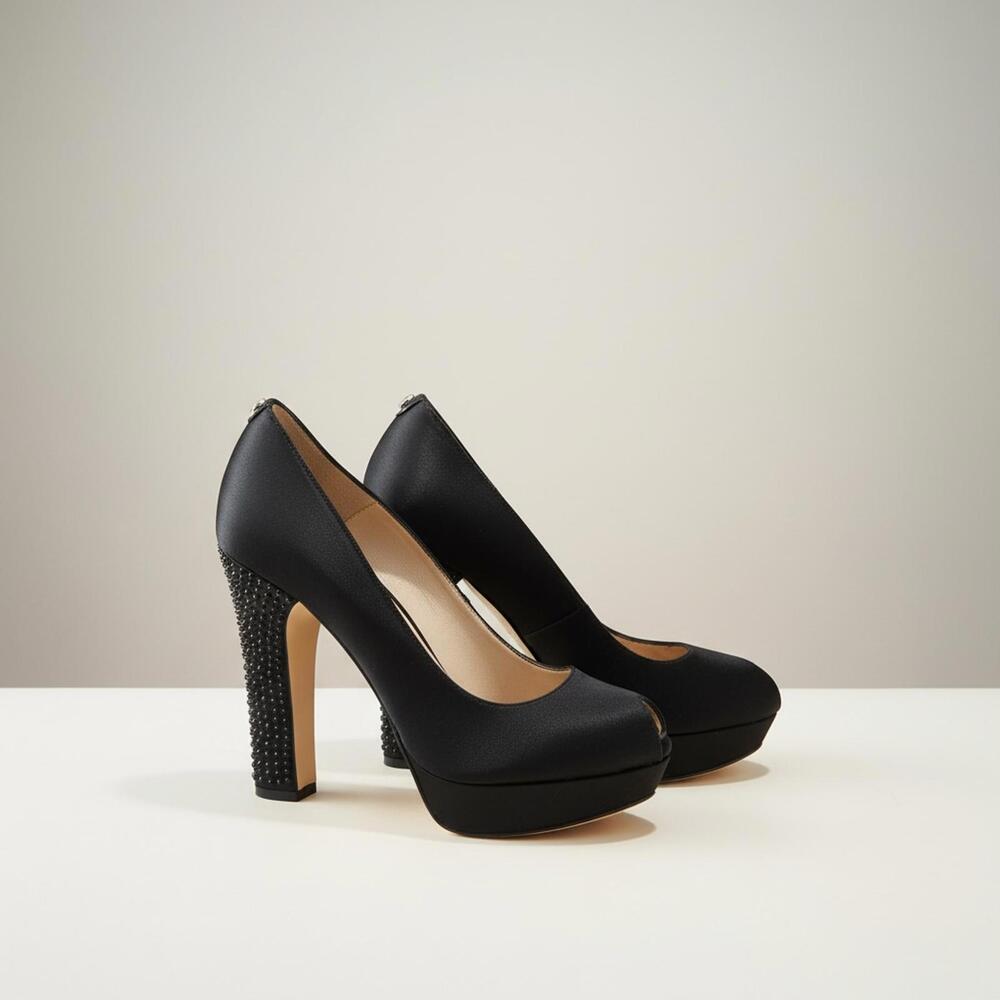 Michael Kors Satin Peep Toe Platform Heels Black Studded Heel Pumps 7.5